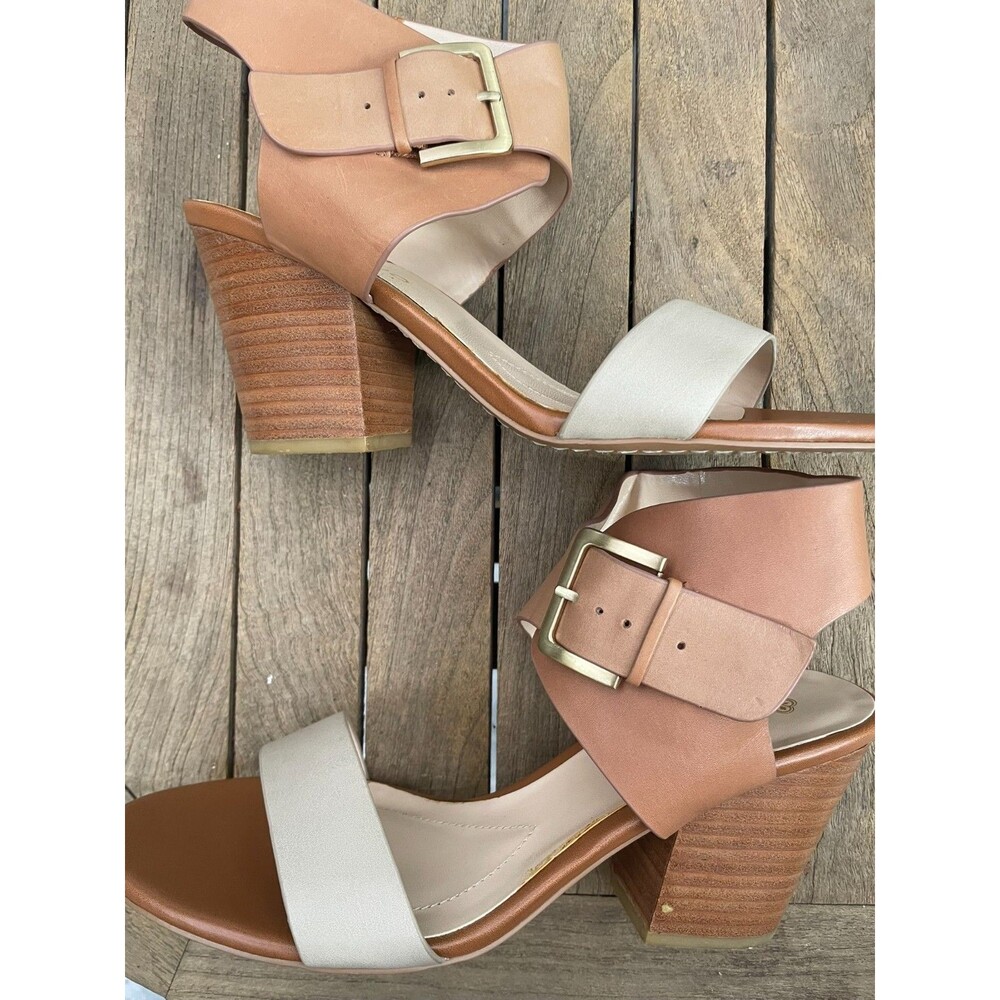 Studio Isola Tan White Block Heel Sandals Ankle Strap Colorblock Size 39 US 8.5